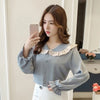 Ladies Elegant Sweet White Blue Shirt Long Flare Sleeve Peter Pan Collar Ruffle Women Blouses and Tops Fashion Korean Blouse