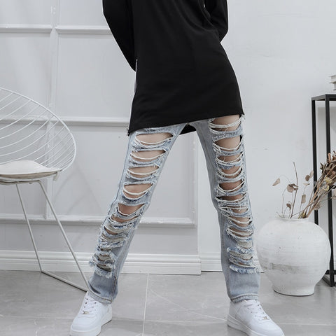 Ladies Jeans Trousers Spring And Autumn Trend Hole Design Personality Light Color Show Thin Large Size Trousers