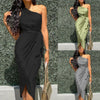 Ladies Maxi Dress Sexy Solid Color Irregular Slanted Shoulder Belt Slim Fit Satin Dress Women Summer Платья Летние Лёгкие