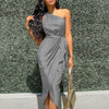 Ladies Maxi Dress Sexy Solid Color Irregular Slanted Shoulder Belt Slim Fit Satin Dress Women Summer Платья Летние Лёгкие