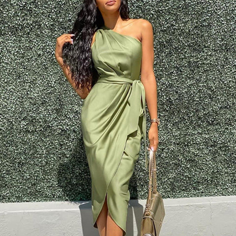 Ladies Maxi Dress Sexy Solid Color Irregular Slanted Shoulder Belt Slim Fit Satin Dress Women Summer Платья Летние Лёгкие