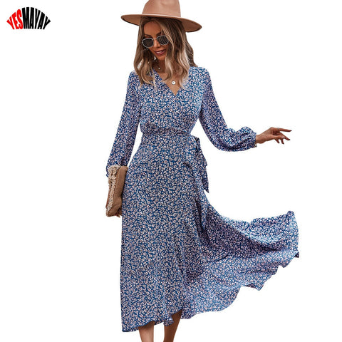 Ladies Maxi Dresses Elegant Autumn Winter Casual Long Sleeve Dress For Women Lace Up Ruffles Floral Beach Party Dress Robe 2022