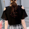 Ladies Off Shoulder Ruffles Shirts Women's Chiffon Blouses Women  Summer Causal O-neck Short Sleeve Solid Tops Black/White