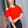 Ladies Off Shoulder Ruffles Shirts Women's Chiffon Blouses Women  Summer Causal O-neck Short Sleeve Solid Tops Black/White