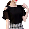 Ladies Off Shoulder Ruffles Shirts Women's Chiffon Blouses Women  Summer Causal O-neck Short Sleeve Solid Tops Black/White