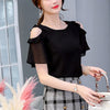 Ladies Off Shoulder Ruffles Shirts Women's Chiffon Blouses Women  Summer Causal O-neck Short Sleeve Solid Tops Black/White
