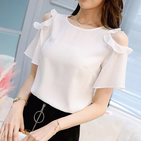 Ladies Off Shoulder Ruffles Shirts Women's Chiffon Blouses Women  Summer Causal O-neck Short Sleeve Solid Tops Black/White