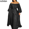 Ladies Party Dress 2023 VONDA Women Long Lantern Sleeve Off The Shoulder Dresses Loose Solid Sundress Oversize Long Robe