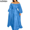Ladies Party Dress 2023 VONDA Women Long Lantern Sleeve Off The Shoulder Dresses Loose Solid Sundress Oversize Long Robe