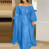 Ladies Party Dress 2023 VONDA Women Long Lantern Sleeve Off The Shoulder Dresses Loose Solid Sundress Oversize Long Robe