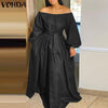 Ladies Party Dress 2023 VONDA Women Long Lantern Sleeve Off The Shoulder Dresses Loose Solid Sundress Oversize Long Robe