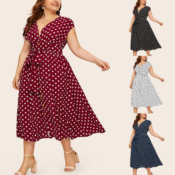Ladies Plus Size Polka Dot Print Midi Dress Female Large Size Bandage V-neck Oversize Summer Sleeveless Dresses vestido mujer