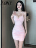 Ladies Sexy Pink Nightclub Bodycon Deep V-Neck Spaghetti Strap Low Chest Slim Hip Pleated Evening Party Bandage Dress Women