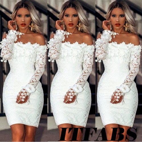 Ladies Sexy White Lace Dress Long Sleeve Women Dress Bodycon Off Shoulder Lace Wedding Party Clubwear Evening Short Mini Dress