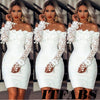 Ladies Sexy White Lace Dress Long Sleeve Women Dress Bodycon Off Shoulder Lace Wedding Party Clubwear Evening Short Mini Dress