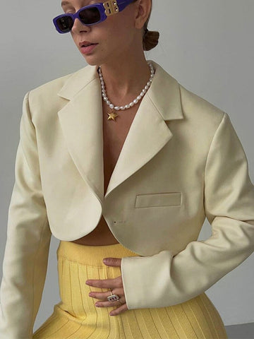 Ladies Slim Cropped Blazer Coat Vintage Long Sleeve Pocket Short Jacket Notched Collar Chic Outwear Tops Women 2023 New