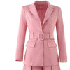 Ladies Slim Office Fit Pink Two Piece Skirts Suits Medium Length Sashes Blazer Short Pleated Skirts Womens Blazer Sets