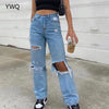 Ladies Streetwear Jeans Casual Straight Leg Jeans High Waist Loose Fitting Jeans Ripped Holes Thin Women Denim Trousers feminino