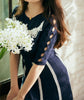 Ladies Stylish Short Sleeve O Neck Knit Hollow Out Contrast Lace Patchwork Midi Dress