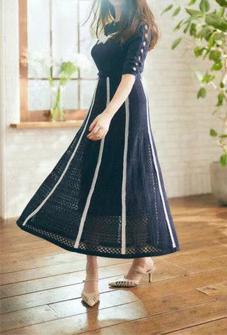 Ladies Stylish Short Sleeve O Neck Knit Hollow Out Contrast Lace Patchwork Midi Dress