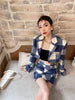 Ladies Temperament Casual Suit Little Girl Spring Collocation High Blue And White Gentle Plaid Short Top Coat Skirt 2-pi