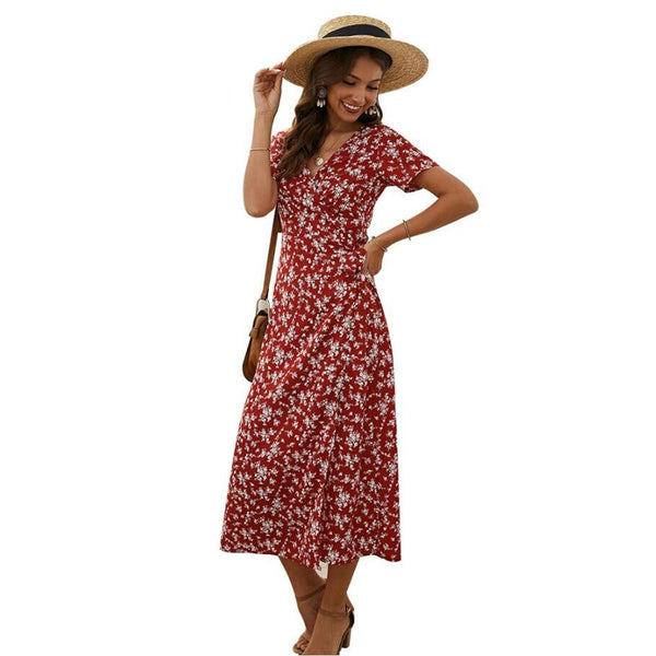 Ladies Vintage Floral Print Long Dress Women Beach Sundress V Neck Short Sleeve Casual Slim Summer Women Dress Female Vestidos