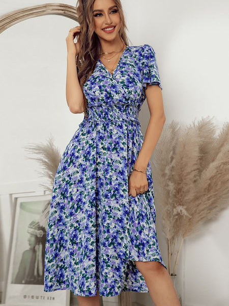 Ladies Vintage Floral Print Summer Dress Women V Neck Casual Long Party Holiday Beach Dress Women Sundress Vestidos Robe Female