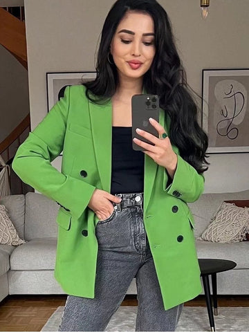 Ladies Vintage Pockets Double Breasted Blazer Women Casual Work Office Lady Outerwear Jacket Coat Women Blazer Chic Tops Female