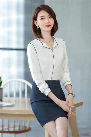 Ladies White Blouses Women Work Wear Suits with 2 Piece Skirt and Top Sets Shirts Office Uniform Styles
