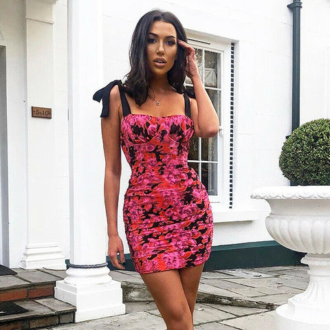 Ladies Women Print Dress Strappy Floral Sleeveless Short Mini Dress Bodycon Evening Party Lace-up Camisole Dress