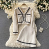 Ladies Xiaoxiangfeng Autumn Puff Sleeve Pearl Single-breasted Jacket Female High Waist A-line Skirt Two Piece Set