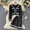 Ladies Xiaoxiangfeng Autumn Puff Sleeve Pearl Single-breasted Jacket Female High Waist A-line Skirt Two Piece Set