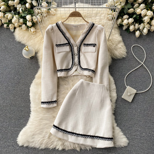 Ladies Xiaoxiangfeng Autumn Puff Sleeve Pearl Single-breasted Jacket Female High Waist A-line Skirt Two Piece Set