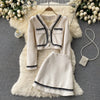 Ladies Xiaoxiangfeng Autumn Puff Sleeve Pearl Single-breasted Jacket Female High Waist A-line Skirt Two Piece Set
