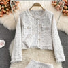 Ladies style fringed tweed jacket casual short jacket two-piece suit high waist skirt women