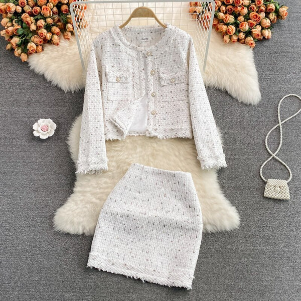 Ladies style fringed tweed jacket casual short jacket two-piece suit high waist skirt women