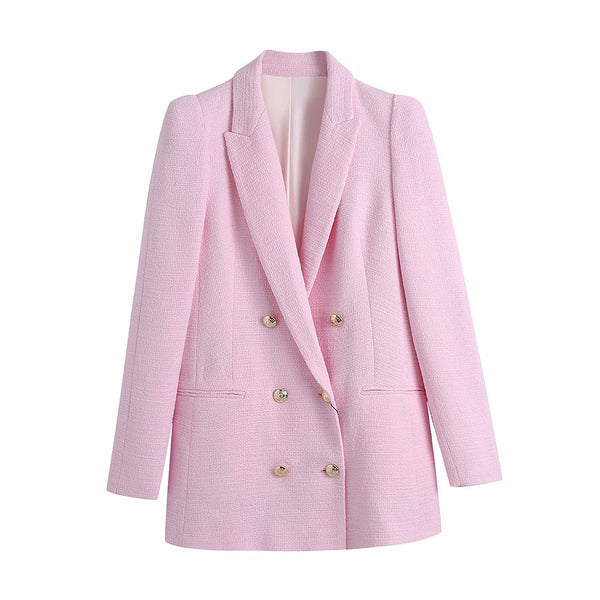 Ladies suits 2022 spring pink lapel long sleeves long style all-match casual chic double-breasted texture blazer