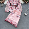Ladies temperament suit spring and summer ladies shirt design sense lace stitching elegant print skirt two pieces