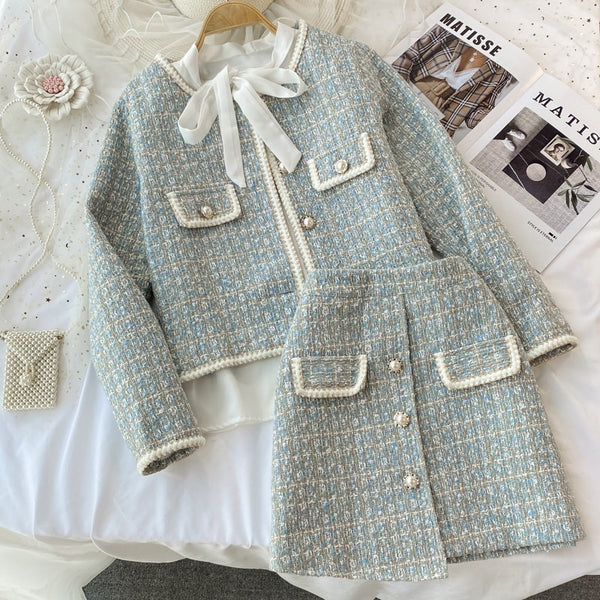 Ladies tweed jacket three-piece suit bow tie tie shirt irregular hip skirt skirt women