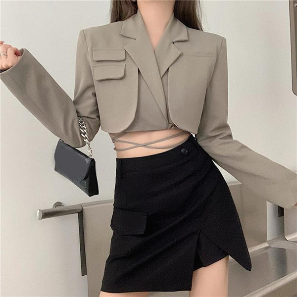 Lady Fall Coat Skirt Set Lace Up Split Thermal Notched Collar Women Coat Skirt Suit Autumn Blazer Skirt Suit for Shopping