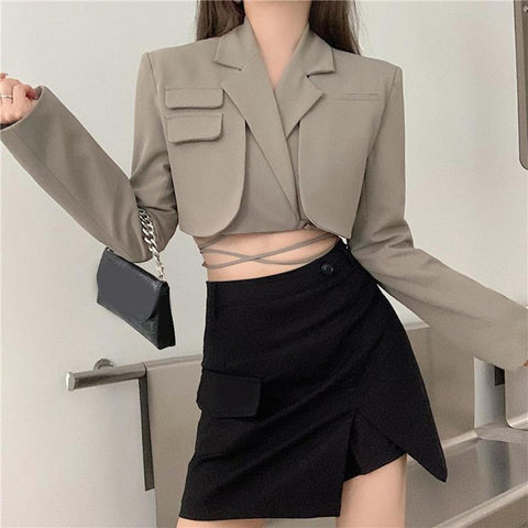Lady Fall Coat Skirt Set Lace Up Split Thermal Notched Collar Women Coat Skirt Suit Autumn Blazer Skirt Suit for Shopping