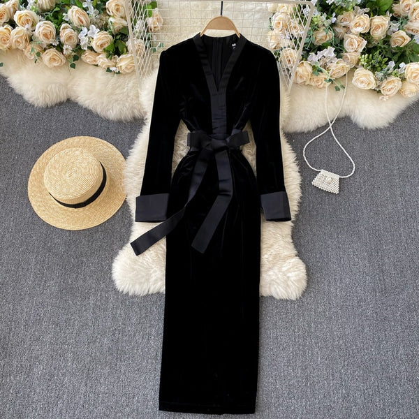 Lady Winter Package Hip Dress 2022 Women's V Collar Retro Velvet Long Sleeve Elegant Clothes Vestidos Q654