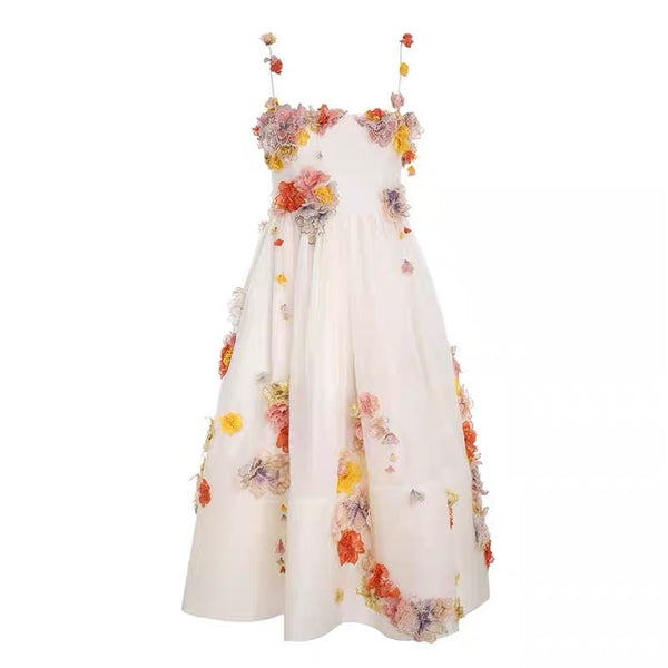 Lady Noble Floral Appliques Silk Linen Strap Dress