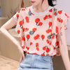 Lady O Neck Short T-shirt 2023 Summer Women's Clothing Flower Print Loose Casual Patchwork Popularity All-match Tops