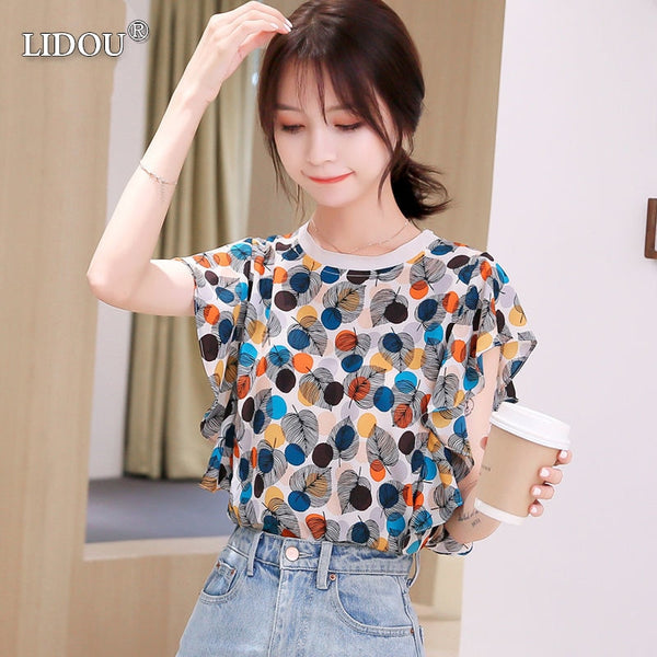Lady O Neck Short T-shirt 2023 Summer Women's Clothing Flower Print Loose Casual Patchwork Popularity All-match Tops