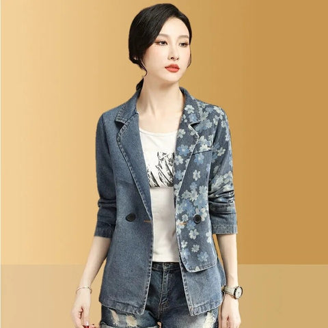 Lady Print Suit Collar Denim Jacket Vintage High-End Small Fragrance Women's 2023 Female Blazer Short Top Suit Thin Fashion