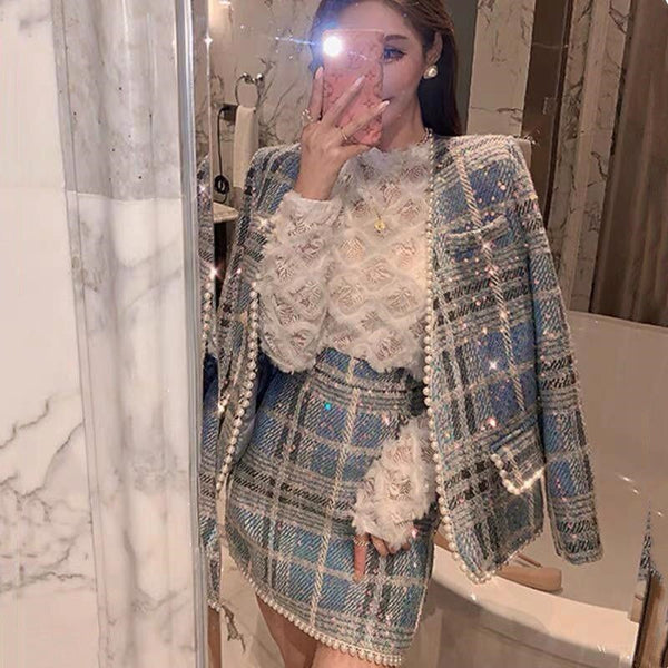 Lady Sequined Blazers Coat Pearls Beaded Woman Suit Autumn Ladies OL Plaid V-Neck Jacket Two-piece Female Blazer and Skirt Set