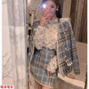 Lady Sequined Blazers Coat Pearls Beaded Woman Suit Autumn Ladies OL Plaid V-Neck Jacket Two-piece Female Blazer and Skirt Set