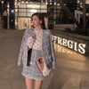 Lady Sequined Blazers Coat Pearls Beaded Woman Suit Autumn Ladies OL Plaid V-Neck Jacket Two-piece Female Blazer and Skirt Set