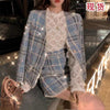 Lady Sequined Blazers Coat Pearls Beaded Woman Suit Autumn Ladies OL Plaid V-Neck Jacket Two-piece Female Blazer and Skirt Set